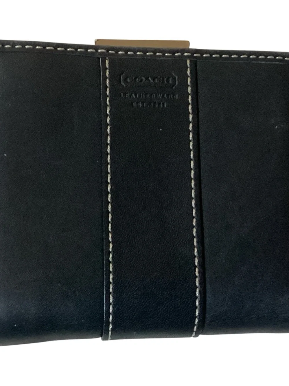 Coach Vintage Y2K Black Leather Compact Bifold Wallet White Stitching